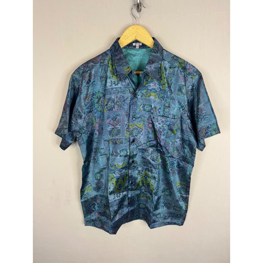 Vintage Thai Silk Mens M Teal Blue Geometric Paisley Short Sleeve Button Shirt